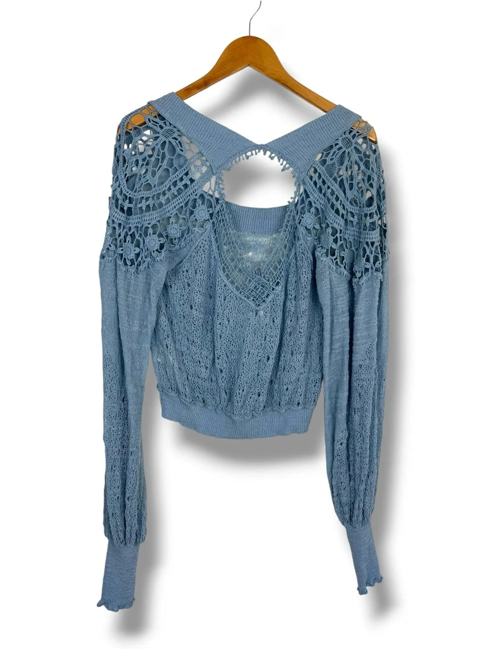 Free People Crochet Knit Top Cornflower Blue Gypsy Whimsy Ethereal Fairy M